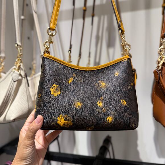 Coach Laurel Small Shoulder Bag Signature Canvas With Floral CCF17 Walnut/Yellow - Picture 1 of 11